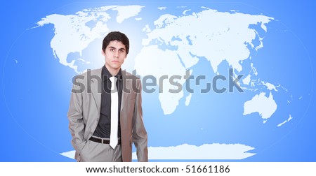 Young attractive businessman with world map in background - globalization
