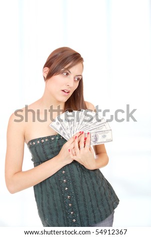 picture of happy woman with money over abstract background