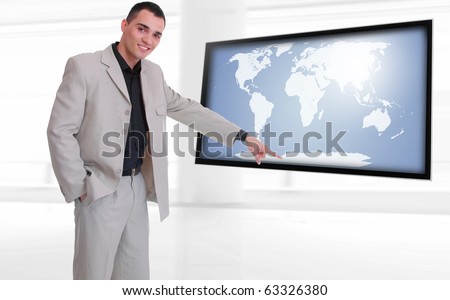 Happy business man presenting and showing on flat screen TV with copy space for your text isolated on white background