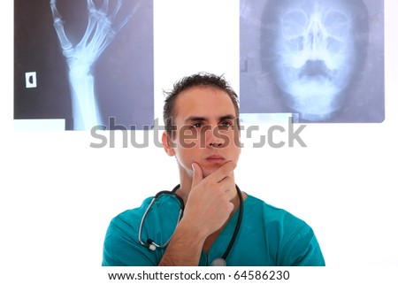 doctor looking at a xray in a white background