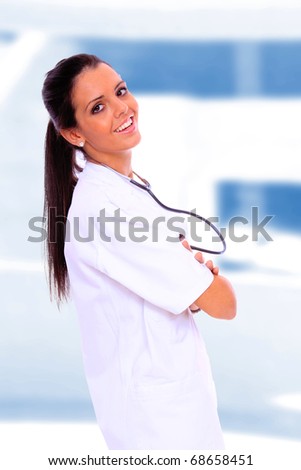 Sexy beautiful female doctor in light medical environment