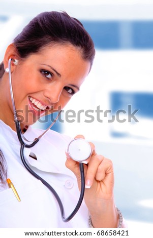 Sexy beautiful female doctor in light medical environment
