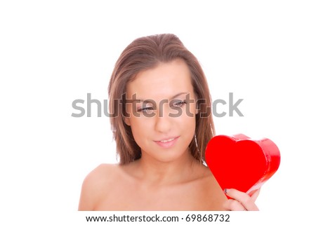 Woman holding Valentines Day heart over white background