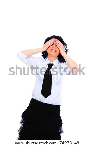 Beautiful business woman in a white blouse and skirt hands on her eyes  isolated on a white