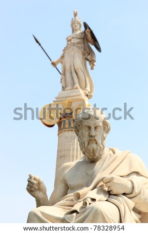 statue of Plato from the Academy of Athens,Greece with the statue of Athena on background