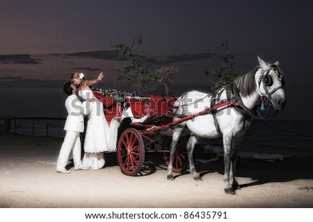 Beach wedding: bride and groom on a carriage by the sea