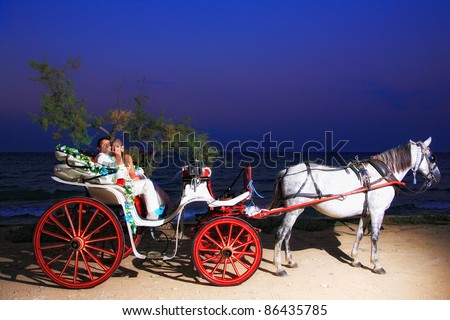 stock photo Beach wedding bride and groom on a carriage by the sea