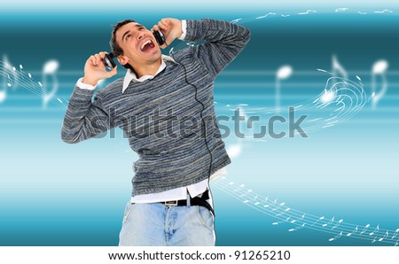 Man listen music over  a light musical background
