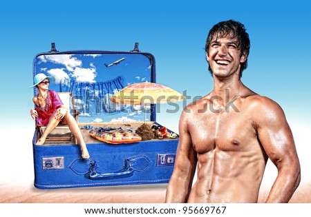 Young woman in bikini in a pink suitcase with muscular man standing in front  - Travel concept