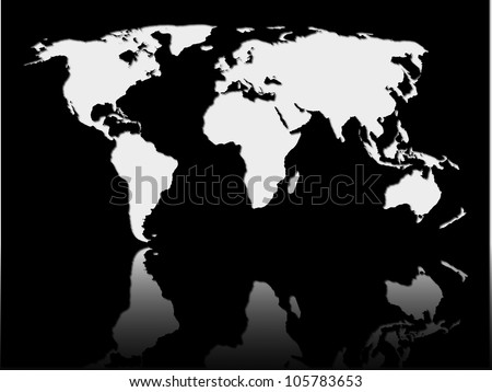 a white world map on black background