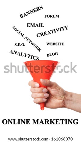Hand holds funnels by fall words into that are necessary for a successful online marketing