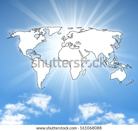 world map with sun and a blue sky
