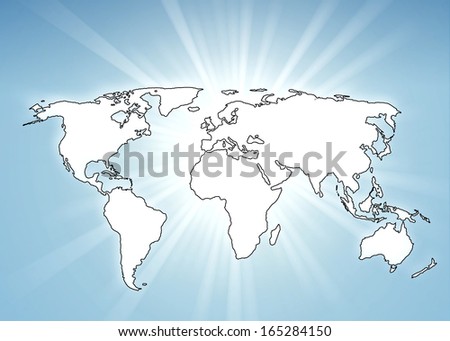 world map in front of a sun and blue sky