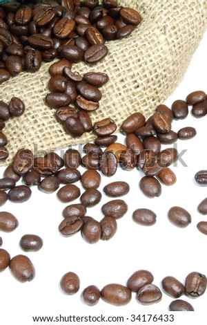 coffee beans are drop out of a burlap bag.
