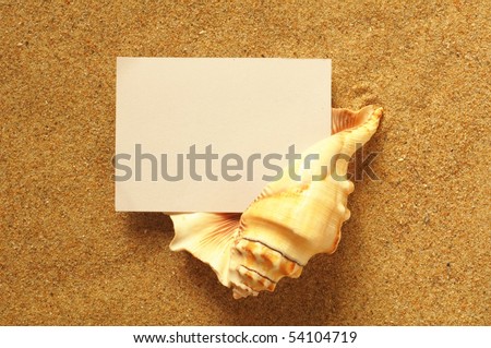 holiday beach concept with shells, sea stars and an blank postcard