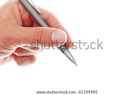 human hand holding pen isolated on white background