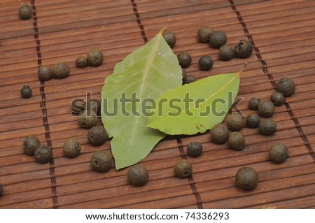 aromatic spices of pigment and laurel on bamboo background