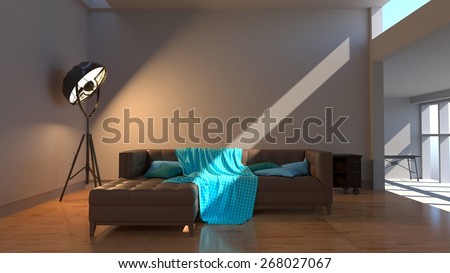Contemporary living room with modern love seat sofa and lighting. 3d rendering