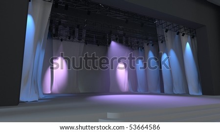 Empty stage with purple lights and curtain