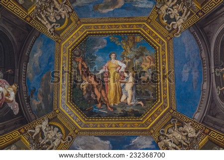 VATICAN CITY, VATICAN - OCTOBER 18: Detail of ceiling in one of galleries of the Vatican Museums. The Vatican Museums are the museums of the Vatican City and are located within the city's boundaries.