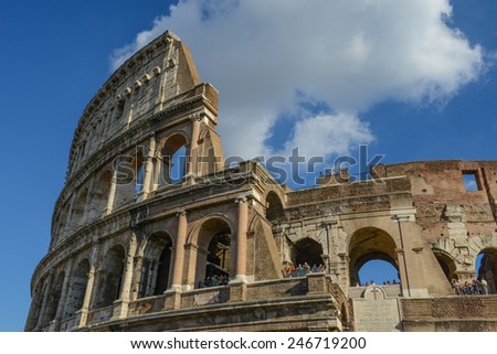 ROME - OCTOBER 18: Colosseum exterior on October 18, 2014 in Rome, Italy. The Colosseum is one of Rome\'s most popular tourist attractions with over 5 million visitors per year.
