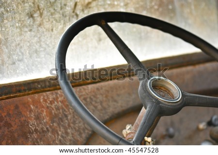 stock photo Steering Wheel and Dashboard from an old rusty car or truck