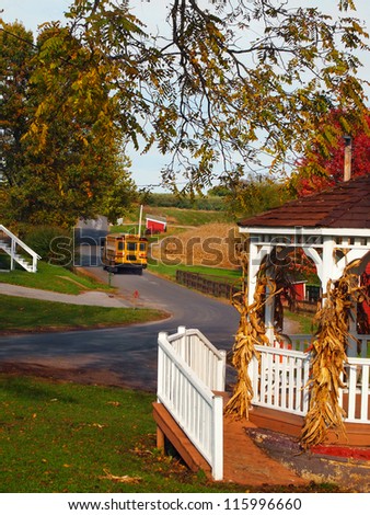 A bright yellow school bus drives along a winding country road on an autumn afternoon.