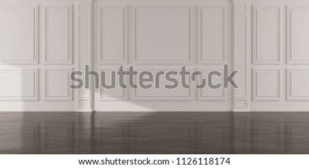 Perspective of the sun light cast the shadow on white empty room and dark laminate wood floor,classic interior style.blank space architecture.