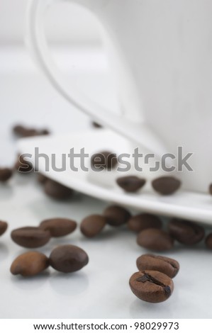 cup and coffee beans close-up at a small depth of field