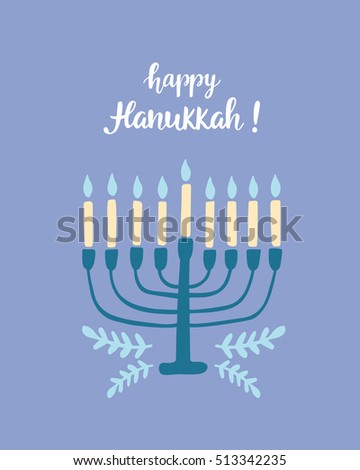 Happy Hanukkah greeting card with hand written modern brush lettering and menorah. Jewish holiday elegant banner template. Flyer, poster, label sticker, invitation design. Vector illustration