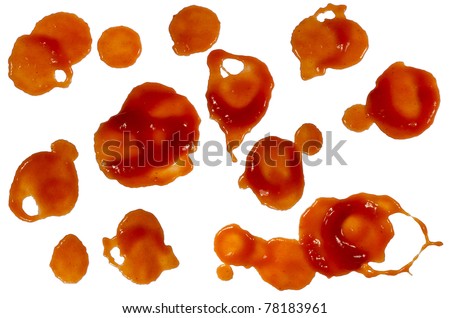Ketchup splashes or blood stains isolated on white background.