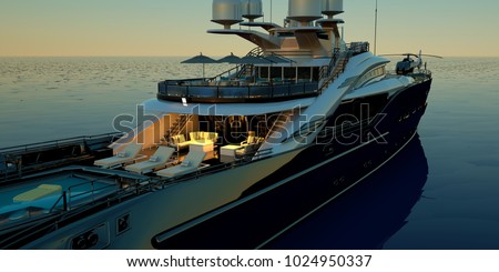 Extremely detailed and realistic high resolution 3D image of a luxury super yacht with a helicopter, a swimming pool and a jacuzzi