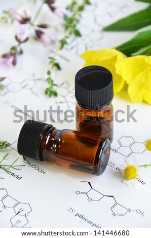 bottles and medicinal plants on science sheet