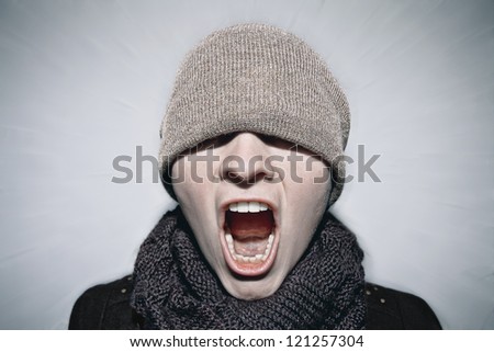 big woman face  screaming on light background