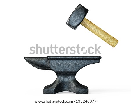 black anvil and hammer isolated on a white - stock photo