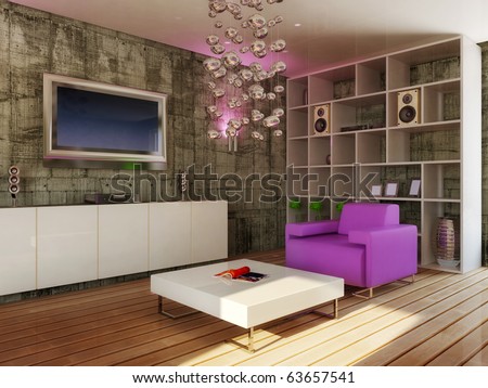 Modern Interior Room With Violet Furniture Stock Photo 