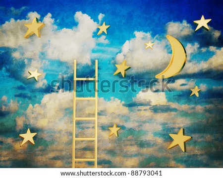 blue vintage sky with a white clouds and gold stars.