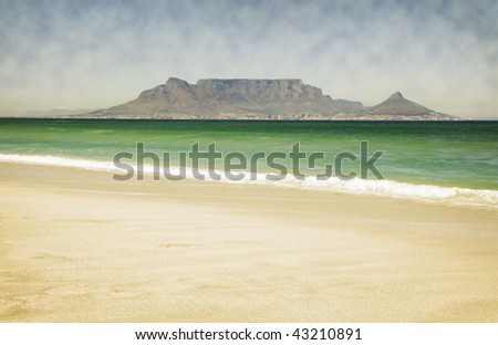 Table Mountain over Table Bay, from Bloubergstrand beach, Cape Town, South Africa.