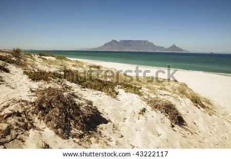 View of Table Mountain from Bloubergstrand with a dune in foreground, Cape Town, South Africa