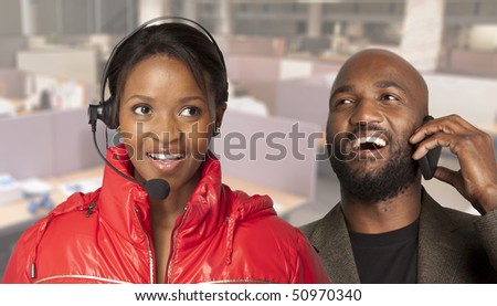 Business communications with call centre woman and man on cell phone.