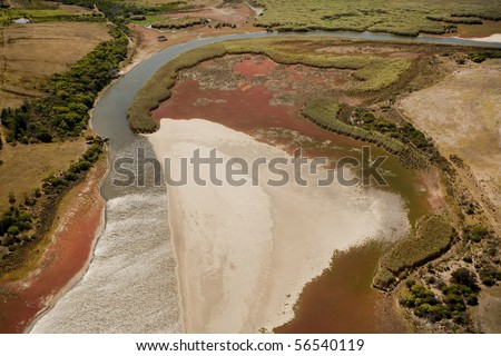 Aerial landscape of river near Hermanus, Western Cape, South Africa.