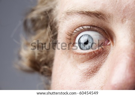 Closeup of a blue eye, of a Caucasian man, showing intricate details of the iris and an expression of shock or fear.