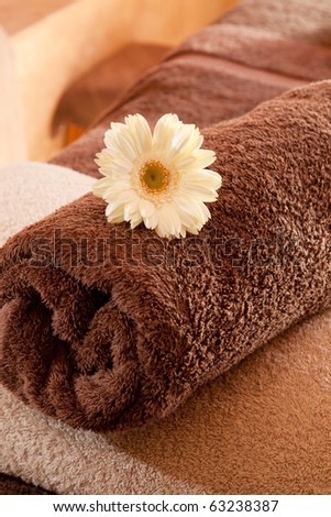 Folded brown towel with a daisy flower arranged on it, as found in upper-class spas and treatment facilities.