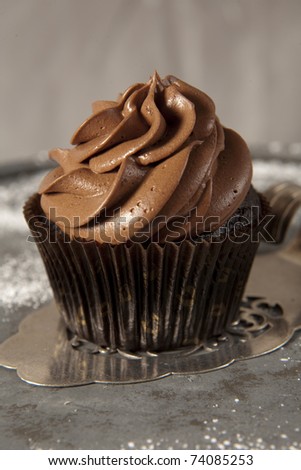 Delicious chocolate mousse cupcake on fancy cake lifter
