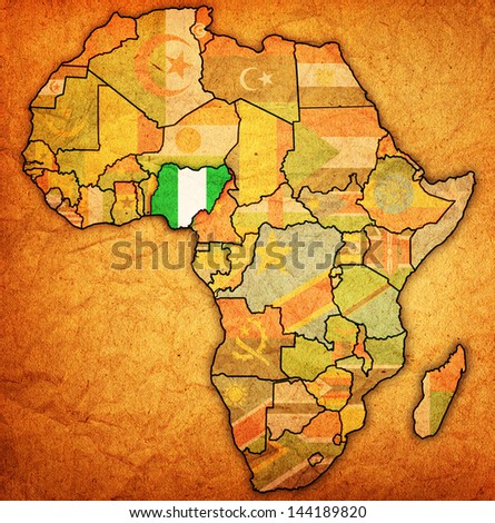 nigeria on actual vintage political map of africa with flags