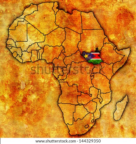 south sudan on actual vintage political map of africa with flags