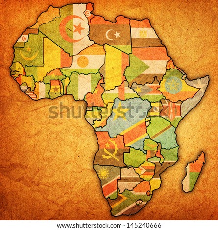 african union on actual vintage political map of africa with flags