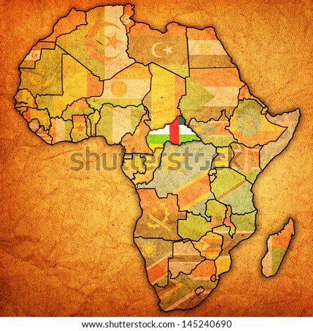 central african republic on actual vintage political map of africa with flags