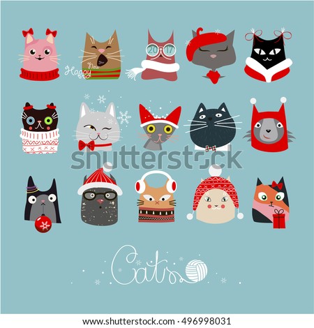 The cover design for new year and Christmas. Depicts the faces of cats with Christmas decoration on a blue background.