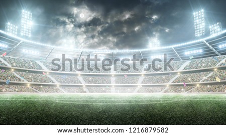 Soccer stadium. Professional sport arena. Night stadium under the moon with lights, fans and flags. Background